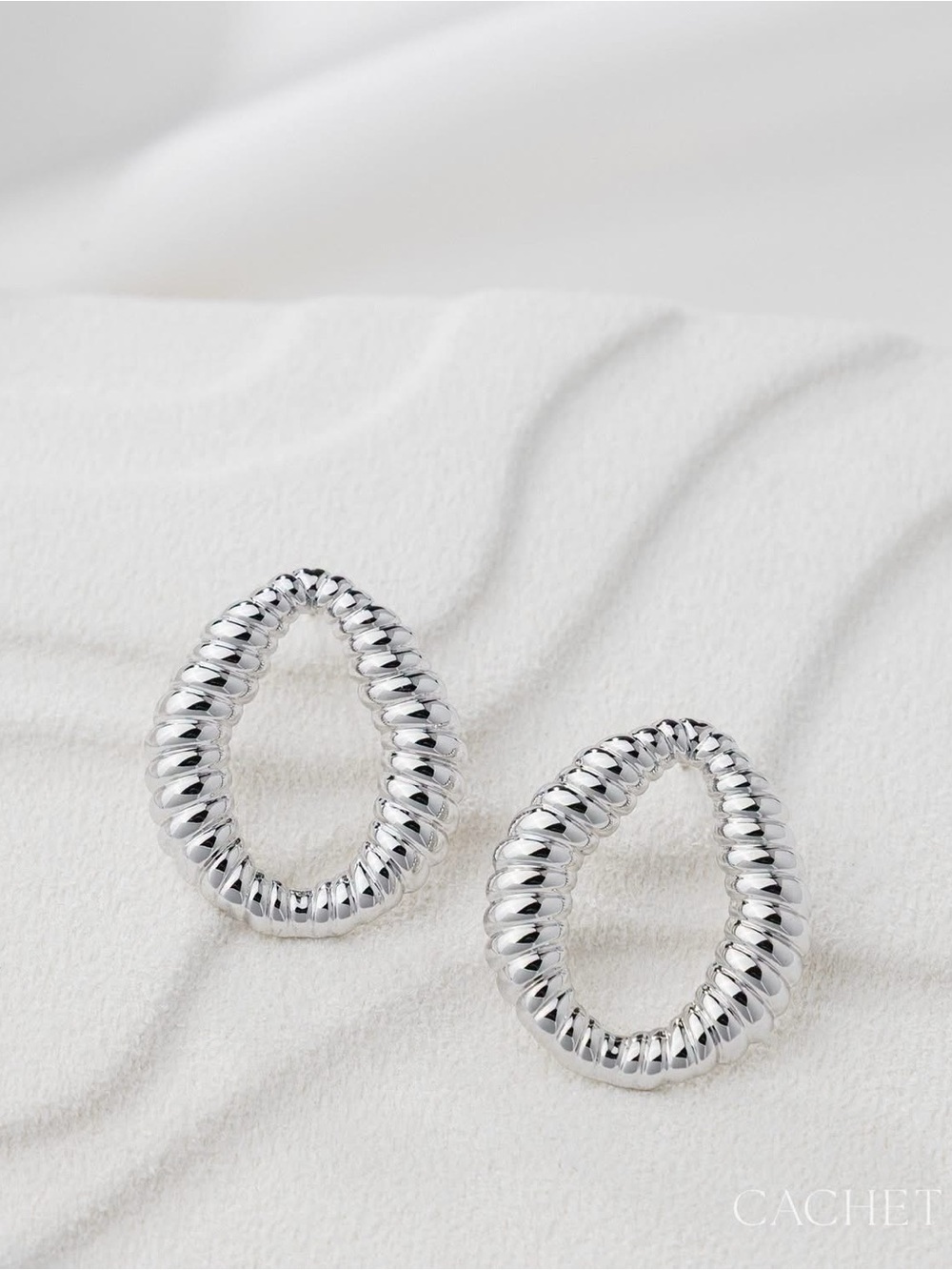 Silver Ribbed Teardrop Hoop Earrings - Women Jewelry